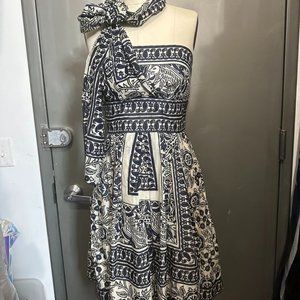 ANNA SUI SIZE 6 STRAPLESS SWEETHEART FIT FLARE MINI DRESS ATTACHED SCARF